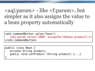 <a4j:param> - like <f:param>, but
simpler as it also assigns the value to
a bean property automatically

<a4j:commandButton value="Save">
   <a4j:param value="1009" assignTo="#{bean.product}"/>
</a4j:commandButton>

public class Bean {
   private String product;
   public void setProduct (String product) {...}
}
 