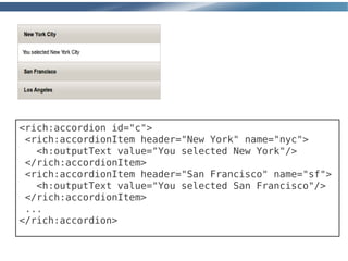 <rich:accordion id="c">
 <rich:accordionItem header="New York" name="nyc">
   <h:outputText value="You selected New York"/>
 </rich:accordionItem>
 <rich:accordionItem header="San Francisco" name="sf">
   <h:outputText value="You selected San Francisco"/>
 </rich:accordionItem>
 ...
</rich:accordion>
 