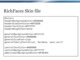 RichFaces Skin file
#Colors
headerBackgroundColor=#900000
headerGradientColor=#DF5858
headerTextColor=#FFFFFF
headerWeightFont=bold

generalBackgroundColor=#f1f1f1
generalTextColor=#000000
generalSizeFont=11px
generalFamilyFont=Arial, Verdana, sans-serif

controlTextColor=#000000
controlBackgroundColor=#ffffff
additionalBackgroundColor=#F9E4E4
 