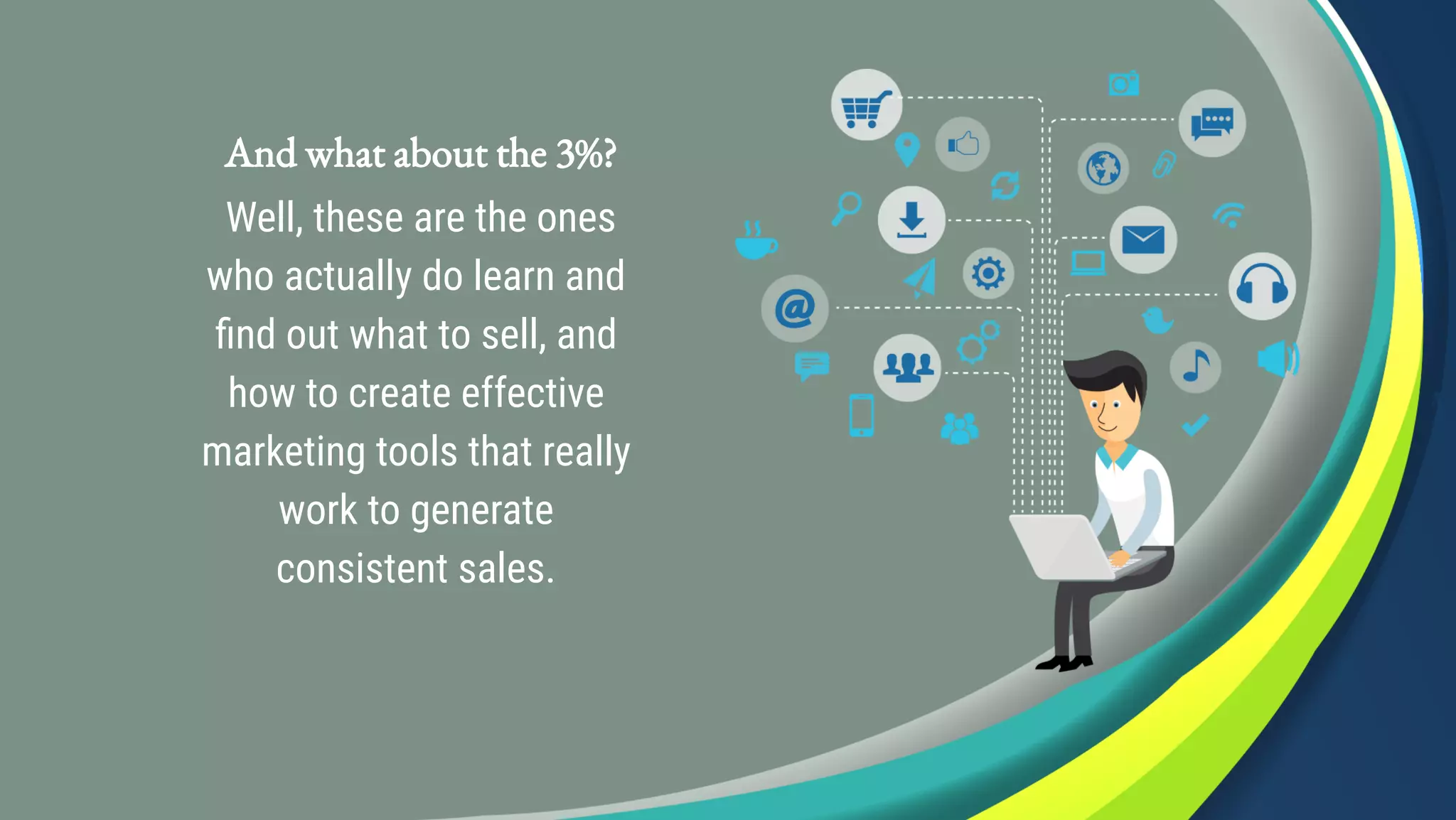 Well, these are the ones
who actually do learn and
find out what to sell, and
how to create effective
marketing tools that really
work to generate
consistent sales.
And what about the 3%?
 