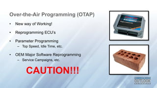 Over-the-Air Programming (OTAP)
? New way of Working!
? Reprogramming ECUs
? Parameter Programming
C Top Speed, Idle Time, etc.
? OEM Major Software Reprogramming
C Service Campaigns, etc.
CAUTION!!!
 