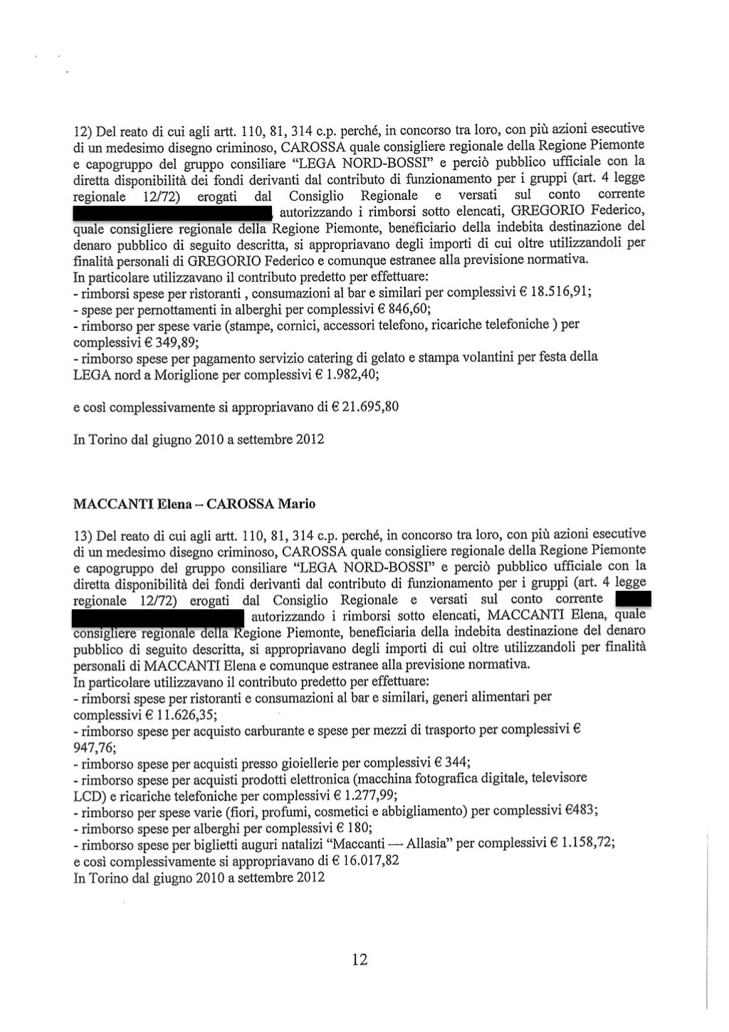 Richiesta rinvio a giudizio consiglieri Regione Piemonte