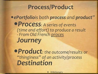 Benefits…from the PRODUCT:They will have a tool for personal development.They will have a personal learning record.They may receive credit for informal and non-formal learning as well as formal learning.They will have direction for career planning.They will have a tool for feedback from teachers and peers; feedback in the form of comments, as opposed to marks.They will have a concrete way of showcasing strengths to teachers or future employers.They may have needed documentation for prior learning assessment or program credits.They may receive credit towards a course completion or towards graduationThey will have an extremely portable tool to use no matter where they are in the world.