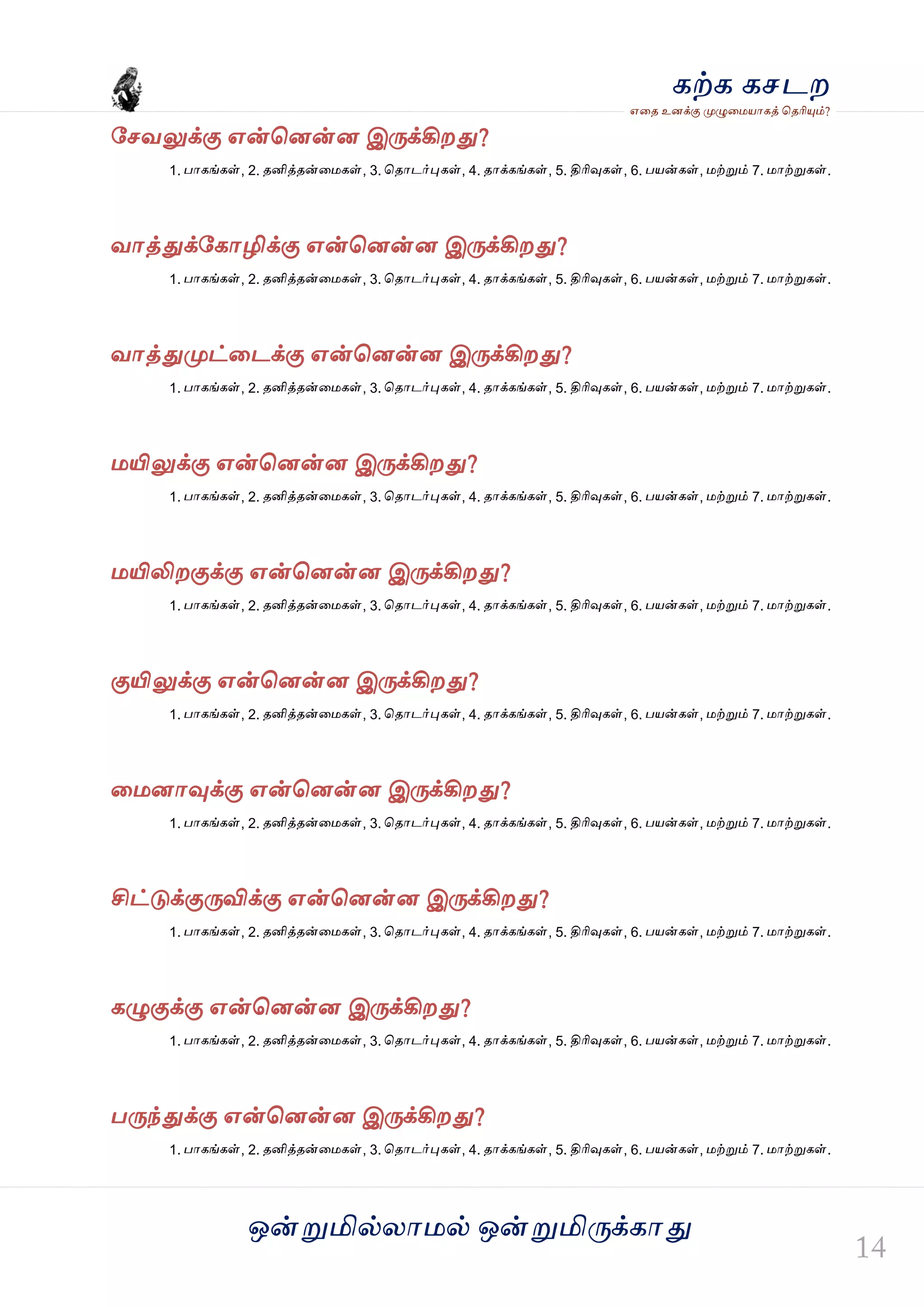 ஒன்த௏மில்யஶ஫ல் ஒன்த௏மித்க்கஶது
஋தை உனக்கு த௉ல௅த஫஬ஶகத் தைரிதோம்?
கற்க கசடம
வசலலுக்கு ஋ன்தனன்ன இத்க்கிமது?
1. பஶகங்கள், 2. ைனித்ைன்த஫கள், 3. தைஶடர்தேகள், 4. ைஶக்கங்கள், 5. திரிவுகள், 6. ப஬ன்கள், ஫ற்த௏ம் 7. ஫ஶற்த௏கள்.
லஶத்துக்வகஶழிக்கு ஋ன்தனன்ன இத்க்கிமது?
1. பஶகங்கள், 2. ைனித்ைன்த஫கள், 3. தைஶடர்தேகள், 4. ைஶக்கங்கள், 5. திரிவுகள், 6. ப஬ன்கள், ஫ற்த௏ம் 7. ஫ஶற்த௏கள்.
லஶத்துத௉ட்தடக்கு ஋ன்தனன்ன இத்க்கிமது?
1. பஶகங்கள், 2. ைனித்ைன்த஫கள், 3. தைஶடர்தேகள், 4. ைஶக்கங்கள், 5. திரிவுகள், 6. ப஬ன்கள், ஫ற்த௏ம் 7. ஫ஶற்த௏கள்.
஫யிலுக்கு ஋ன்தனன்ன இத்க்கிமது?
1. பஶகங்கள், 2. ைனித்ைன்த஫கள், 3. தைஶடர்தேகள், 4. ைஶக்கங்கள், 5. திரிவுகள், 6. ப஬ன்கள், ஫ற்த௏ம் 7. ஫ஶற்த௏கள்.
஫யிலிமகுக்கு ஋ன்தனன்ன இத்க்கிமது?
1. பஶகங்கள், 2. ைனித்ைன்த஫கள், 3. தைஶடர்தேகள், 4. ைஶக்கங்கள், 5. திரிவுகள், 6. ப஬ன்கள், ஫ற்த௏ம் 7. ஫ஶற்த௏கள்.
குயிலுக்கு ஋ன்தனன்ன இத்க்கிமது?
1. பஶகங்கள், 2. ைனித்ைன்த஫கள், 3. தைஶடர்தேகள், 4. ைஶக்கங்கள், 5. திரிவுகள், 6. ப஬ன்கள், ஫ற்த௏ம் 7. ஫ஶற்த௏கள்.
த஫னஶவுக்கு ஋ன்தனன்ன இத்க்கிமது?
1. பஶகங்கள், 2. ைனித்ைன்த஫கள், 3. தைஶடர்தேகள், 4. ைஶக்கங்கள், 5. திரிவுகள், 6. ப஬ன்கள், ஫ற்த௏ம் 7. ஫ஶற்த௏கள்.
சிட்டுக்குத்விக்கு ஋ன்தனன்ன இத்க்கிமது?
1. பஶகங்கள், 2. ைனித்ைன்த஫கள், 3. தைஶடர்தேகள், 4. ைஶக்கங்கள், 5. திரிவுகள், 6. ப஬ன்கள், ஫ற்த௏ம் 7. ஫ஶற்த௏கள்.
கல௅குக்கு ஋ன்தனன்ன இத்க்கிமது?
1. பஶகங்கள், 2. ைனித்ைன்த஫கள், 3. தைஶடர்தேகள், 4. ைஶக்கங்கள், 5. திரிவுகள், 6. ப஬ன்கள், ஫ற்த௏ம் 7. ஫ஶற்த௏கள்.
பத்ந்துக்கு ஋ன்தனன்ன இத்க்கிமது?
1. பஶகங்கள், 2. ைனித்ைன்த஫கள், 3. தைஶடர்தேகள், 4. ைஶக்கங்கள், 5. திரிவுகள், 6. ப஬ன்கள், ஫ற்த௏ம் 7. ஫ஶற்த௏கள்.
 
