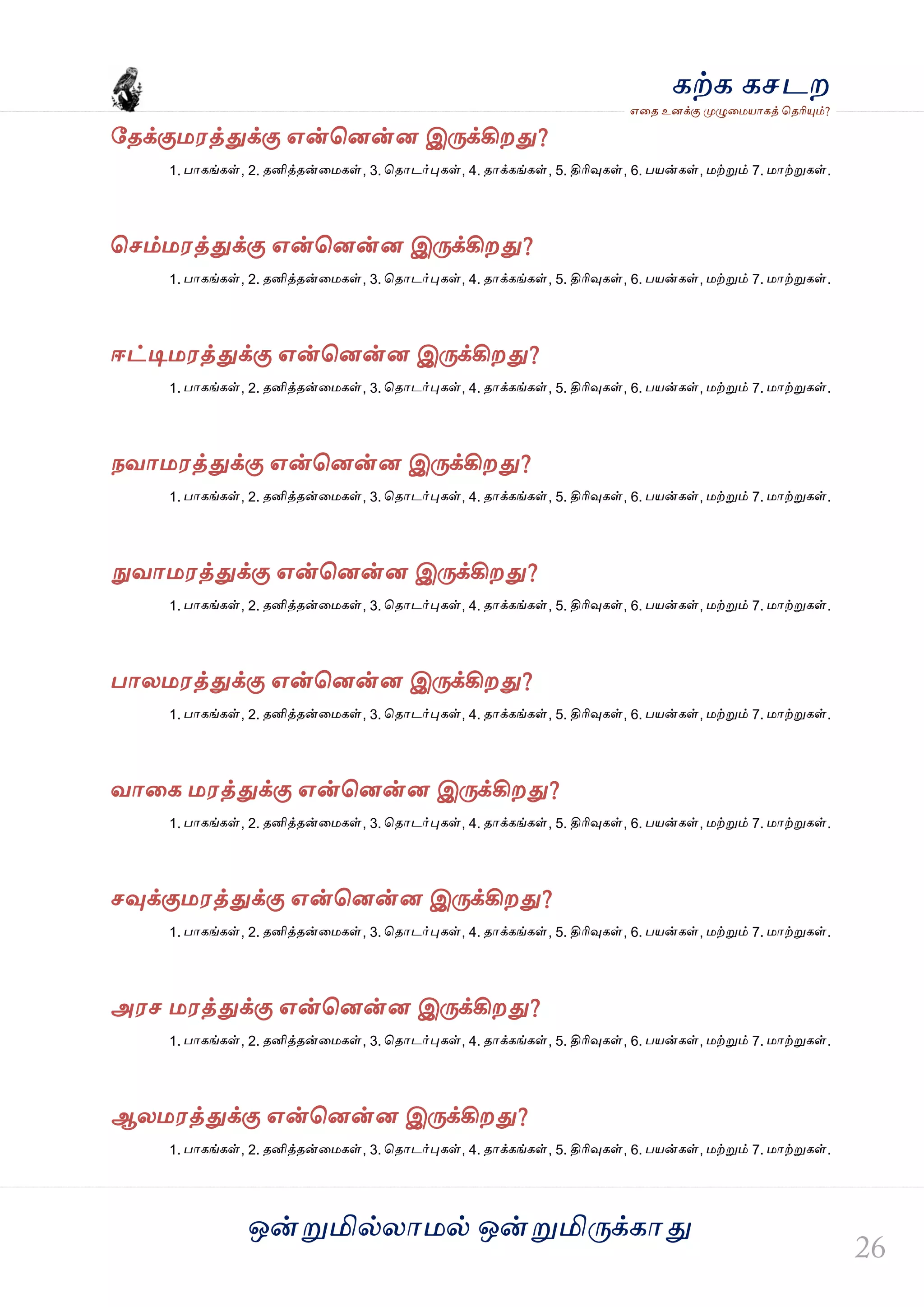 ஒன்த௏மில்யஶ஫ல் ஒன்த௏மித்க்கஶது
஋தை உனக்கு த௉ல௅த஫஬ஶகத் தைரிதோம்?
கற்க கசடம
வைக்கு஫஭த்துக்கு ஋ன்தனன்ன இத்க்கிமது?
1. பஶகங்கள், 2. ைனித்ைன்த஫கள், 3. தைஶடர்தேகள், 4. ைஶக்கங்கள், 5. திரிவுகள், 6. ப஬ன்கள், ஫ற்த௏ம் 7. ஫ஶற்த௏கள்.
தசம்஫஭த்துக்கு ஋ன்தனன்ன இத்க்கிமது?
1. பஶகங்கள், 2. ைனித்ைன்த஫கள், 3. தைஶடர்தேகள், 4. ைஶக்கங்கள், 5. திரிவுகள், 6. ப஬ன்கள், ஫ற்த௏ம் 7. ஫ஶற்த௏கள்.
ஈட்டி஫஭த்துக்கு ஋ன்தனன்ன இத்க்கிமது?
1. பஶகங்கள், 2. ைனித்ைன்த஫கள், 3. தைஶடர்தேகள், 4. ைஶக்கங்கள், 5. திரிவுகள், 6. ப஬ன்கள், ஫ற்த௏ம் 7. ஫ஶற்த௏கள்.
நலஶ஫஭த்துக்கு ஋ன்தனன்ன இத்க்கிமது?
1. பஶகங்கள், 2. ைனித்ைன்த஫கள், 3. தைஶடர்தேகள், 4. ைஶக்கங்கள், 5. திரிவுகள், 6. ப஬ன்கள், ஫ற்த௏ம் 7. ஫ஶற்த௏கள்.
த௃லஶ஫஭த்துக்கு ஋ன்தனன்ன இத்க்கிமது?
1. பஶகங்கள், 2. ைனித்ைன்த஫கள், 3. தைஶடர்தேகள், 4. ைஶக்கங்கள், 5. திரிவுகள், 6. ப஬ன்கள், ஫ற்த௏ம் 7. ஫ஶற்த௏கள்.
பஶய஫஭த்துக்கு ஋ன்தனன்ன இத்க்கிமது?
1. பஶகங்கள், 2. ைனித்ைன்த஫கள், 3. தைஶடர்தேகள், 4. ைஶக்கங்கள், 5. திரிவுகள், 6. ப஬ன்கள், ஫ற்த௏ம் 7. ஫ஶற்த௏கள்.
லஶதக ஫஭த்துக்கு ஋ன்தனன்ன இத்க்கிமது?
1. பஶகங்கள், 2. ைனித்ைன்த஫கள், 3. தைஶடர்தேகள், 4. ைஶக்கங்கள், 5. திரிவுகள், 6. ப஬ன்கள், ஫ற்த௏ம் 7. ஫ஶற்த௏கள்.
சவுக்கு஫஭த்துக்கு ஋ன்தனன்ன இத்க்கிமது?
1. பஶகங்கள், 2. ைனித்ைன்த஫கள், 3. தைஶடர்தேகள், 4. ைஶக்கங்கள், 5. திரிவுகள், 6. ப஬ன்கள், ஫ற்த௏ம் 7. ஫ஶற்த௏கள்.
அ஭ச ஫஭த்துக்கு ஋ன்தனன்ன இத்க்கிமது?
1. பஶகங்கள், 2. ைனித்ைன்த஫கள், 3. தைஶடர்தேகள், 4. ைஶக்கங்கள், 5. திரிவுகள், 6. ப஬ன்கள், ஫ற்த௏ம் 7. ஫ஶற்த௏கள்.
ஆய஫஭த்துக்கு ஋ன்தனன்ன இத்க்கிமது?
1. பஶகங்கள், 2. ைனித்ைன்த஫கள், 3. தைஶடர்தேகள், 4. ைஶக்கங்கள், 5. திரிவுகள், 6. ப஬ன்கள், ஫ற்த௏ம் 7. ஫ஶற்த௏கள்.
 