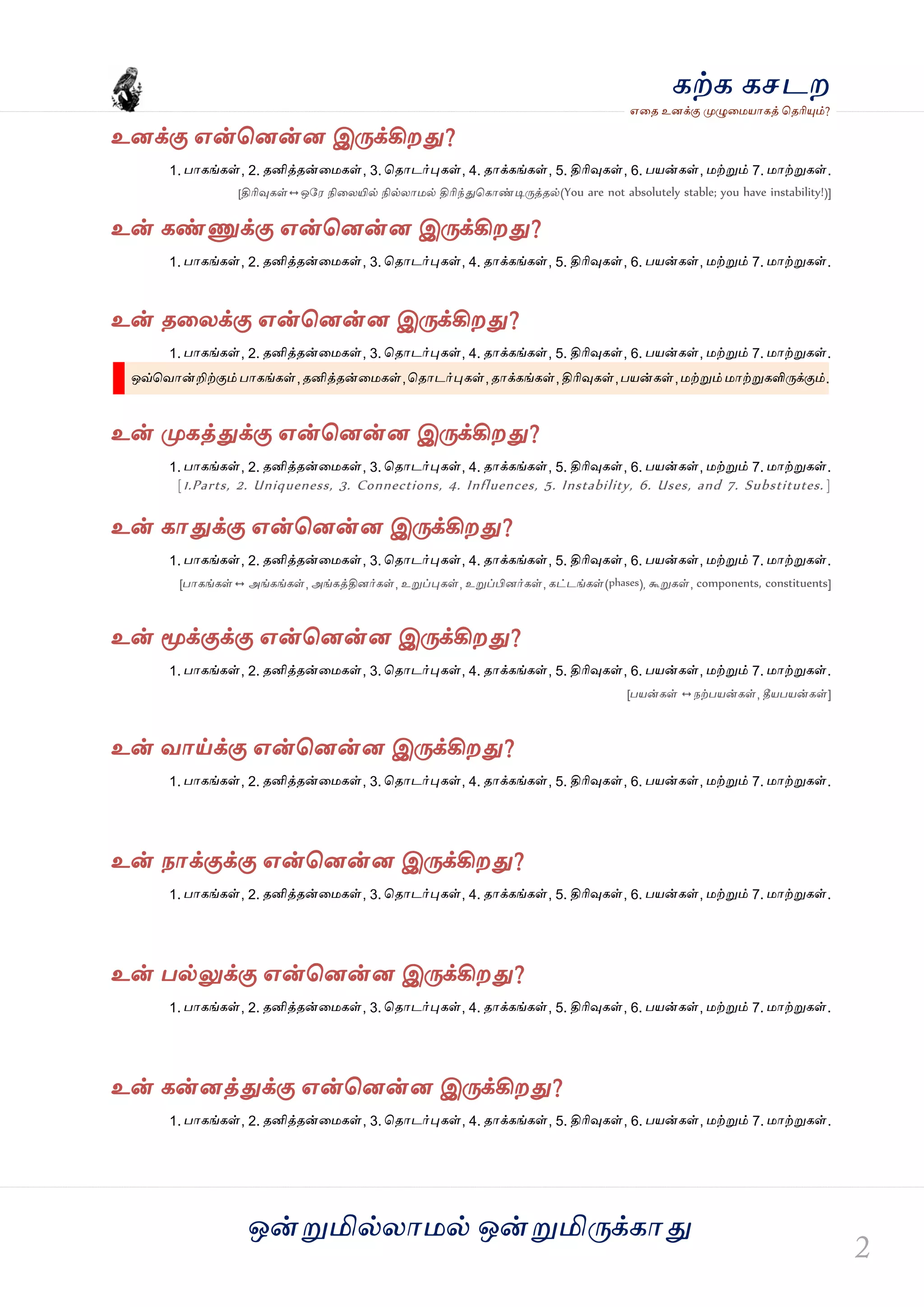 ஒன்த௏மில்யஶ஫ல் ஒன்த௏மித்க்கஶது
஋தை உனக்கு த௉ல௅த஫஬ஶகத் தைரிதோம்?
கற்க கசடம
உனக்கு ஋ன்தனன்ன இத்க்கிமது?
1. பஶகங்கள், 2. ைனித்ைன்த஫கள், 3. தைஶடர்தேகள், 4. ைஶக்கங்கள், 5. திரிவுகள், 6. ப஬ன்கள், ஫ற்த௏ம் 7. ஫ஶற்த௏கள்.
[திரிவுகள் ஒவ஭ நிதயயில் நில்யஶ஫ல் திரிந்துதகஶண்டித்த்ைல்(You are not absolutely stable; you have instability!)]
உன் கண்ட௃க்கு ஋ன்தனன்ன இத்க்கிமது?
1. பஶகங்கள், 2. ைனித்ைன்த஫கள், 3. தைஶடர்தேகள், 4. ைஶக்கங்கள், 5. திரிவுகள், 6. ப஬ன்கள், ஫ற்த௏ம் 7. ஫ஶற்த௏கள்.
உன் ைதயக்கு ஋ன்தனன்ன இத்க்கிமது?
1. பஶகங்கள், 2. ைனித்ைன்த஫கள், 3. தைஶடர்தேகள், 4. ைஶக்கங்கள், 5. திரிவுகள், 6. ப஬ன்கள், ஫ற்த௏ம் 7. ஫ஶற்த௏கள்.
ஒவ்தலஶன்றிற்கும் பஶகங்கள், ைனித்ைன்த஫கள், தைஶடர்தேகள், ைஶக்கங்கள், திரிவுகள்,ப஬ன்கள், ஫ற்த௏ம் ஫ஶற்த௏களித்க்கும்.
உன் த௉கத்துக்கு ஋ன்தனன்ன இத்க்கிமது?
1. பஶகங்கள், 2. ைனித்ைன்த஫கள், 3. தைஶடர்தேகள், 4. ைஶக்கங்கள், 5. திரிவுகள், 6. ப஬ன்கள், ஫ற்த௏ம் 7. ஫ஶற்த௏கள்.
[1.Parts, 2. Uniqueness, 3. Connections, 4. Influences, 5. Instability, 6. Uses, and 7. Substitutes. ]
உன் கஶதுக்கு ஋ன்தனன்ன இத்க்கிமது?
1. பஶகங்கள், 2. ைனித்ைன்த஫கள், 3. தைஶடர்தேகள், 4. ைஶக்கங்கள், 5. திரிவுகள், 6. ப஬ன்கள், ஫ற்த௏ம் 7. ஫ஶற்த௏கள்.
[பஶகங்கள் அங்கங்கள், அங்கத்தினர்கள், உத௏ப்தேகள், உத௏ப்பினர்கள், கட்டங்கள்(phases), கூத௏கள், components, constituents]
உன் தொக்குக்கு ஋ன்தனன்ன இத்க்கிமது?
1. பஶகங்கள், 2. ைனித்ைன்த஫கள், 3. தைஶடர்தேகள், 4. ைஶக்கங்கள், 5. திரிவுகள், 6. ப஬ன்கள், ஫ற்த௏ம் 7. ஫ஶற்த௏கள்.
[ப஬ன்கள்  நற்ப஬ன்கள், தீ஬ப஬ன்கள்]
உன் லஶய்க்கு ஋ன்தனன்ன இத்க்கிமது?
1. பஶகங்கள், 2. ைனித்ைன்த஫கள், 3. தைஶடர்தேகள், 4. ைஶக்கங்கள், 5. திரிவுகள், 6. ப஬ன்கள், ஫ற்த௏ம் 7. ஫ஶற்த௏கள்.
உன் நஶக்குக்கு ஋ன்தனன்ன இத்க்கிமது?
1. பஶகங்கள், 2. ைனித்ைன்த஫கள், 3. தைஶடர்தேகள், 4. ைஶக்கங்கள், 5. திரிவுகள், 6. ப஬ன்கள், ஫ற்த௏ம் 7. ஫ஶற்த௏கள்.
உன் பல்லுக்கு ஋ன்தனன்ன இத்க்கிமது?
1. பஶகங்கள், 2. ைனித்ைன்த஫கள், 3. தைஶடர்தேகள், 4. ைஶக்கங்கள், 5. திரிவுகள், 6. ப஬ன்கள், ஫ற்த௏ம் 7. ஫ஶற்த௏கள்.
உன் கன்னத்துக்கு ஋ன்தனன்ன இத்க்கிமது?
1. பஶகங்கள், 2. ைனித்ைன்த஫கள், 3. தைஶடர்தேகள், 4. ைஶக்கங்கள், 5. திரிவுகள், 6. ப஬ன்கள், ஫ற்த௏ம் 7. ஫ஶற்த௏கள்.
 