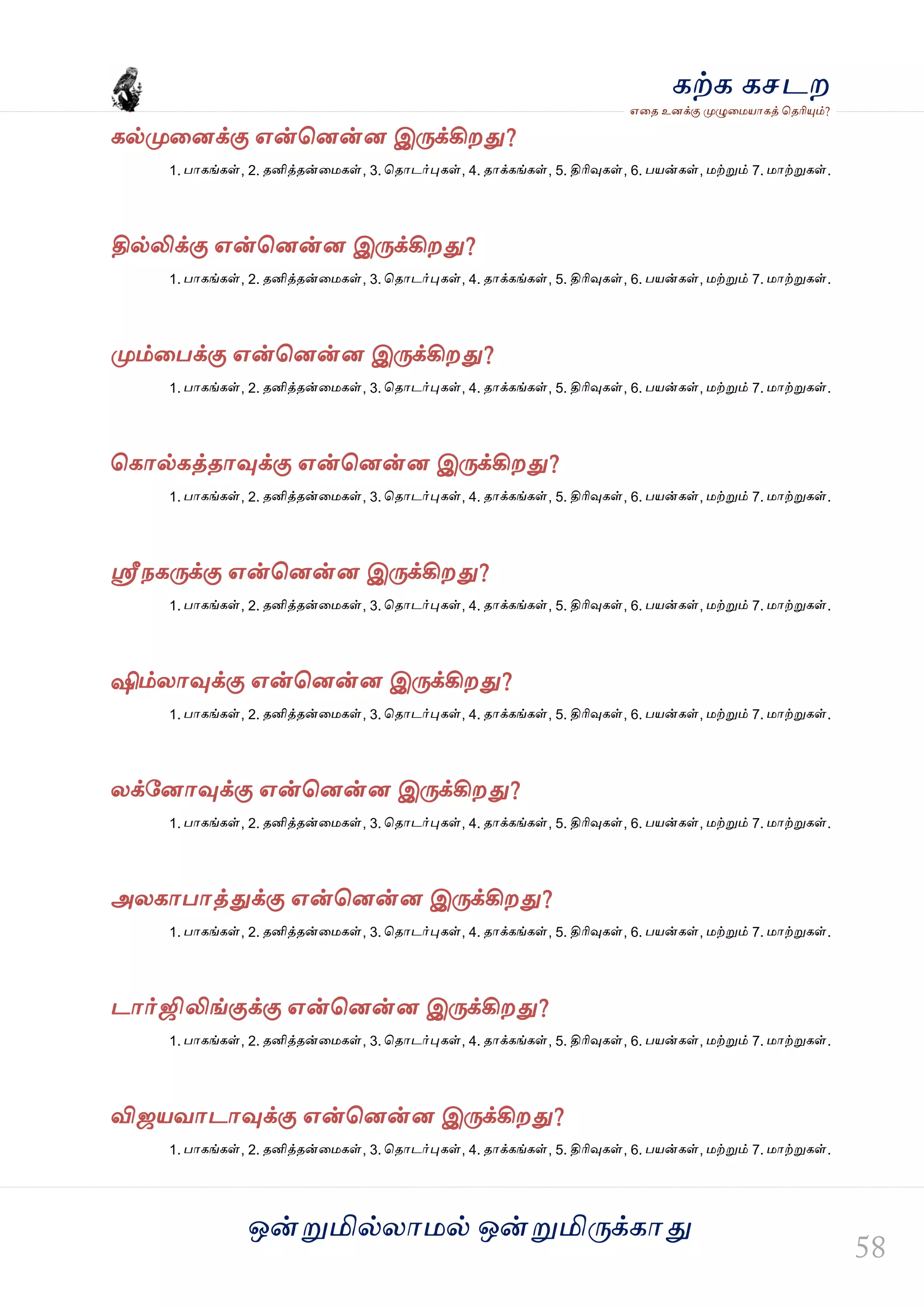 ஒன்த௏மில்யஶ஫ல் ஒன்த௏மித்க்கஶது
஋தை உனக்கு த௉ல௅த஫஬ஶகத் தைரிதோம்?
கற்க கசடம
கல்த௉தனக்கு ஋ன்தனன்ன இத்க்கிமது?
1. பஶகங்கள், 2. ைனித்ைன்த஫கள், 3. தைஶடர்தேகள், 4. ைஶக்கங்கள், 5. திரிவுகள், 6. ப஬ன்கள், ஫ற்த௏ம் 7. ஫ஶற்த௏கள்.
தில்லிக்கு ஋ன்தனன்ன இத்க்கிமது?
1. பஶகங்கள், 2. ைனித்ைன்த஫கள், 3. தைஶடர்தேகள், 4. ைஶக்கங்கள், 5. திரிவுகள், 6. ப஬ன்கள், ஫ற்த௏ம் 7. ஫ஶற்த௏கள்.
த௉ம்தபக்கு ஋ன்தனன்ன இத்க்கிமது?
1. பஶகங்கள், 2. ைனித்ைன்த஫கள், 3. தைஶடர்தேகள், 4. ைஶக்கங்கள், 5. திரிவுகள், 6. ப஬ன்கள், ஫ற்த௏ம் 7. ஫ஶற்த௏கள்.
தகஶல்கத்ைஶவுக்கு ஋ன்தனன்ன இத்க்கிமது?
1. பஶகங்கள், 2. ைனித்ைன்த஫கள், 3. தைஶடர்தேகள், 4. ைஶக்கங்கள், 5. திரிவுகள், 6. ப஬ன்கள், ஫ற்த௏ம் 7. ஫ஶற்த௏கள்.
வ௃நகத்க்கு ஋ன்தனன்ன இத்க்கிமது?
1. பஶகங்கள், 2. ைனித்ைன்த஫கள், 3. தைஶடர்தேகள், 4. ைஶக்கங்கள், 5. திரிவுகள், 6. ப஬ன்கள், ஫ற்த௏ம் 7. ஫ஶற்த௏கள்.
ஷிம்யஶவுக்கு ஋ன்தனன்ன இத்க்கிமது?
1. பஶகங்கள், 2. ைனித்ைன்த஫கள், 3. தைஶடர்தேகள், 4. ைஶக்கங்கள், 5. திரிவுகள், 6. ப஬ன்கள், ஫ற்த௏ம் 7. ஫ஶற்த௏கள்.
யக்வனஶவுக்கு ஋ன்தனன்ன இத்க்கிமது?
1. பஶகங்கள், 2. ைனித்ைன்த஫கள், 3. தைஶடர்தேகள், 4. ைஶக்கங்கள், 5. திரிவுகள், 6. ப஬ன்கள், ஫ற்த௏ம் 7. ஫ஶற்த௏கள்.
அயகஶபஶத்துக்கு ஋ன்தனன்ன இத்க்கிமது?
1. பஶகங்கள், 2. ைனித்ைன்த஫கள், 3. தைஶடர்தேகள், 4. ைஶக்கங்கள், 5. திரிவுகள், 6. ப஬ன்கள், ஫ற்த௏ம் 7. ஫ஶற்த௏கள்.
டஶர்ஜஷலிங்குக்கு ஋ன்தனன்ன இத்க்கிமது?
1. பஶகங்கள், 2. ைனித்ைன்த஫கள், 3. தைஶடர்தேகள், 4. ைஶக்கங்கள், 5. திரிவுகள், 6. ப஬ன்கள், ஫ற்த௏ம் 7. ஫ஶற்த௏கள்.
விஜ஬லஶடஶவுக்கு ஋ன்தனன்ன இத்க்கிமது?
1. பஶகங்கள், 2. ைனித்ைன்த஫கள், 3. தைஶடர்தேகள், 4. ைஶக்கங்கள், 5. திரிவுகள், 6. ப஬ன்கள், ஫ற்த௏ம் 7. ஫ஶற்த௏கள்.
 