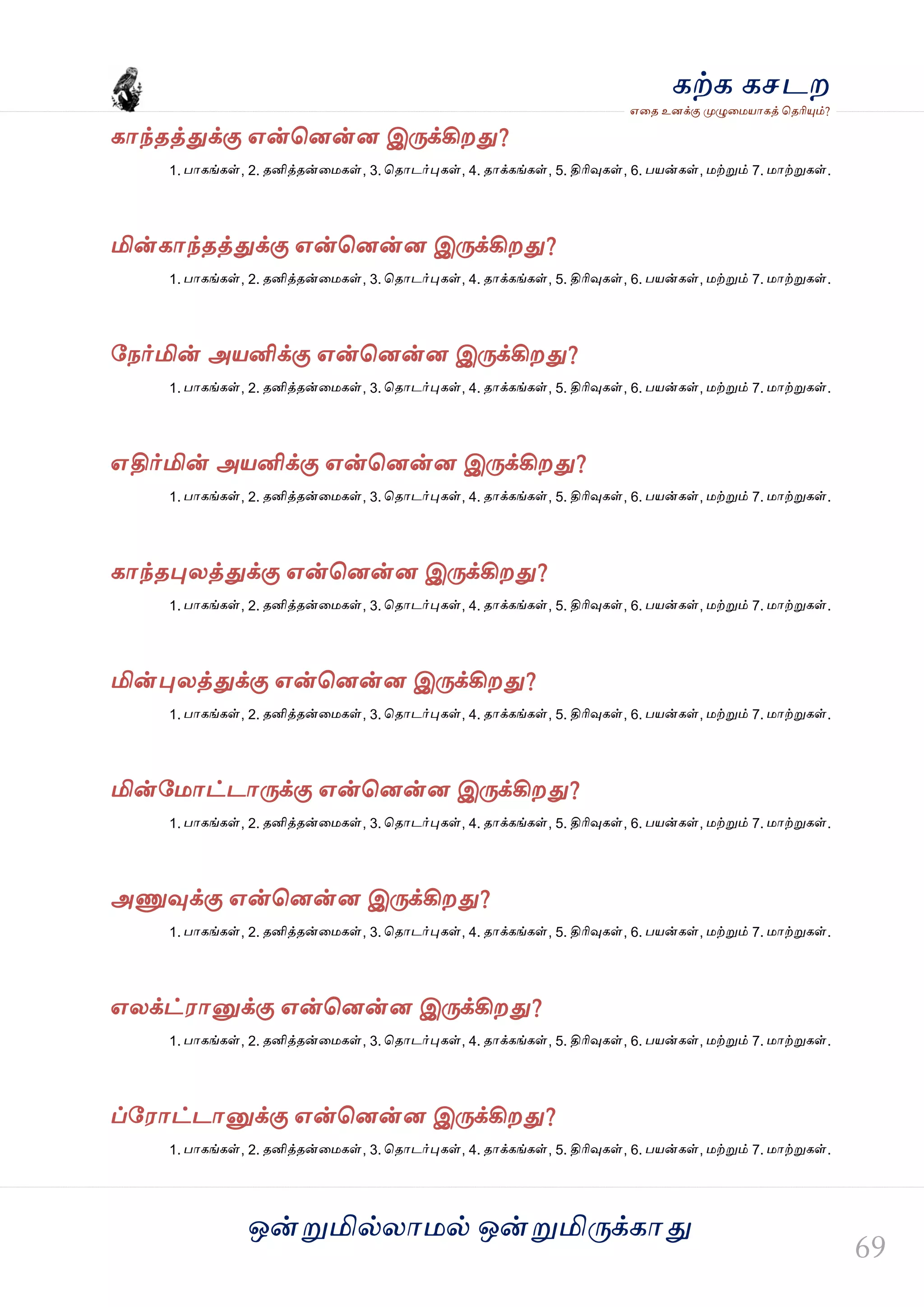 ஒன்த௏மில்யஶ஫ல் ஒன்த௏மித்க்கஶது
஋தை உனக்கு த௉ல௅த஫஬ஶகத் தைரிதோம்?
கற்க கசடம
கஶந்ைத்துக்கு ஋ன்தனன்ன இத்க்கிமது?
1. பஶகங்கள், 2. ைனித்ைன்த஫கள், 3. தைஶடர்தேகள், 4. ைஶக்கங்கள், 5. திரிவுகள், 6. ப஬ன்கள், ஫ற்த௏ம் 7. ஫ஶற்த௏கள்.
மின்கஶந்ைத்துக்கு ஋ன்தனன்ன இத்க்கிமது?
1. பஶகங்கள், 2. ைனித்ைன்த஫கள், 3. தைஶடர்தேகள், 4. ைஶக்கங்கள், 5. திரிவுகள், 6. ப஬ன்கள், ஫ற்த௏ம் 7. ஫ஶற்த௏கள்.
வநர்மின் அ஬னிக்கு ஋ன்தனன்ன இத்க்கிமது?
1. பஶகங்கள், 2. ைனித்ைன்த஫கள், 3. தைஶடர்தேகள், 4. ைஶக்கங்கள், 5. திரிவுகள், 6. ப஬ன்கள், ஫ற்த௏ம் 7. ஫ஶற்த௏கள்.
஋திர்மின் அ஬னிக்கு ஋ன்தனன்ன இத்க்கிமது?
1. பஶகங்கள், 2. ைனித்ைன்த஫கள், 3. தைஶடர்தேகள், 4. ைஶக்கங்கள், 5. திரிவுகள், 6. ப஬ன்கள், ஫ற்த௏ம் 7. ஫ஶற்த௏கள்.
கஶந்ைதேயத்துக்கு ஋ன்தனன்ன இத்க்கிமது?
1. பஶகங்கள், 2. ைனித்ைன்த஫கள், 3. தைஶடர்தேகள், 4. ைஶக்கங்கள், 5. திரிவுகள், 6. ப஬ன்கள், ஫ற்த௏ம் 7. ஫ஶற்த௏கள்.
மின்தேயத்துக்கு ஋ன்தனன்ன இத்க்கிமது?
1. பஶகங்கள், 2. ைனித்ைன்த஫கள், 3. தைஶடர்தேகள், 4. ைஶக்கங்கள், 5. திரிவுகள், 6. ப஬ன்கள், ஫ற்த௏ம் 7. ஫ஶற்த௏கள்.
மின்வ஫ஶட்டஶத்க்கு ஋ன்தனன்ன இத்க்கிமது?
1. பஶகங்கள், 2. ைனித்ைன்த஫கள், 3. தைஶடர்தேகள், 4. ைஶக்கங்கள், 5. திரிவுகள், 6. ப஬ன்கள், ஫ற்த௏ம் 7. ஫ஶற்த௏கள்.
அட௃வுக்கு ஋ன்தனன்ன இத்க்கிமது?
1. பஶகங்கள், 2. ைனித்ைன்த஫கள், 3. தைஶடர்தேகள், 4. ைஶக்கங்கள், 5. திரிவுகள், 6. ப஬ன்கள், ஫ற்த௏ம் 7. ஫ஶற்த௏கள்.
஋யக்ட்஭ஶத௅க்கு ஋ன்தனன்ன இத்க்கிமது?
1. பஶகங்கள், 2. ைனித்ைன்த஫கள், 3. தைஶடர்தேகள், 4. ைஶக்கங்கள், 5. திரிவுகள், 6. ப஬ன்கள், ஫ற்த௏ம் 7. ஫ஶற்த௏கள்.
ப்வ஭ஶட்டஶத௅க்கு ஋ன்தனன்ன இத்க்கிமது?
1. பஶகங்கள், 2. ைனித்ைன்த஫கள், 3. தைஶடர்தேகள், 4. ைஶக்கங்கள், 5. திரிவுகள், 6. ப஬ன்கள், ஫ற்த௏ம் 7. ஫ஶற்த௏கள்.
 