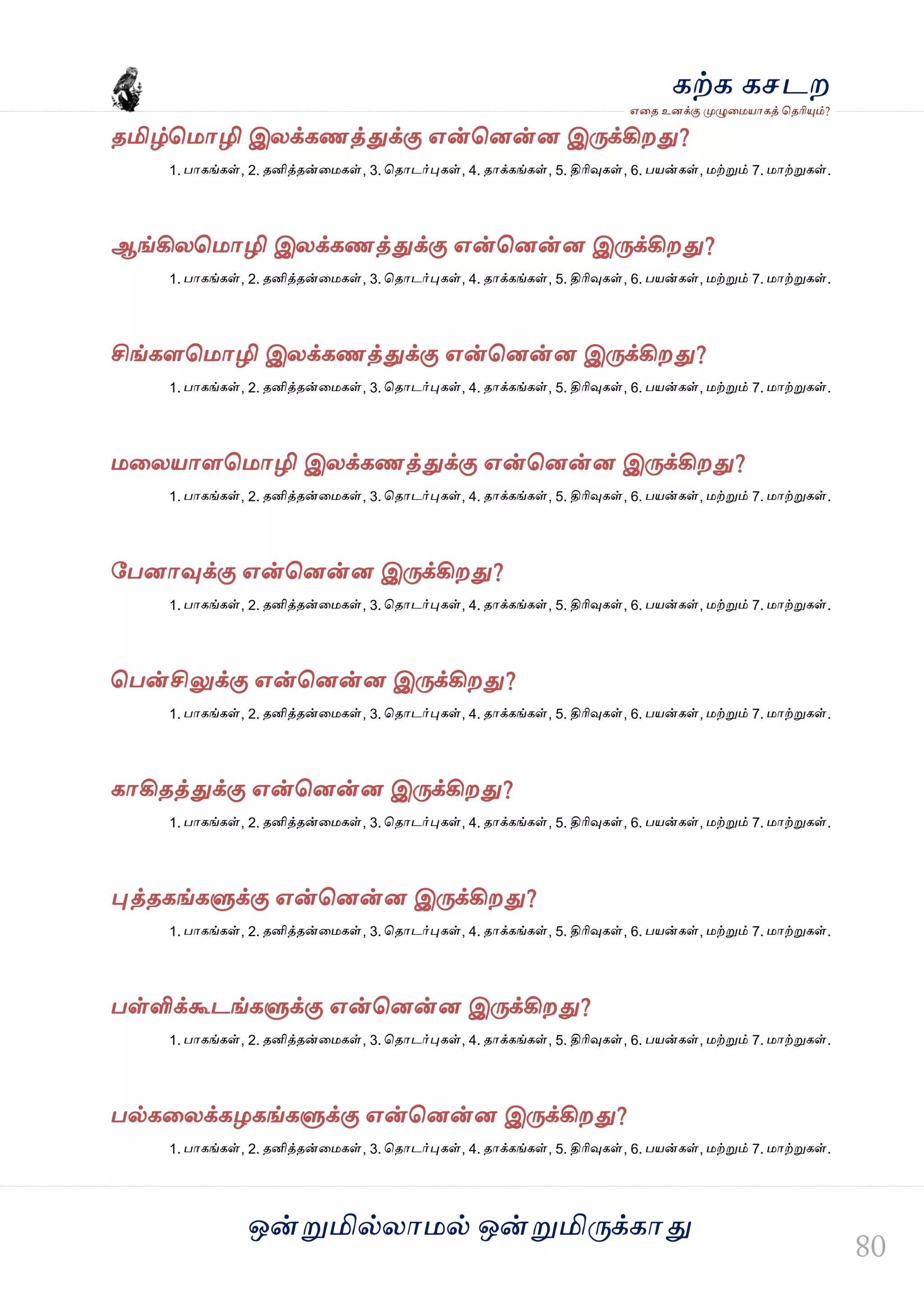 ஒன்த௏மில்யஶ஫ல் ஒன்த௏மித்க்கஶது
஋தை உனக்கு த௉ல௅த஫஬ஶகத் தைரிதோம்?
கற்க கசடம
ைமிழ்த஫ஶழி இயக்கணத்துக்கு ஋ன்தனன்ன இத்க்கிமது?
1. பஶகங்கள், 2. ைனித்ைன்த஫கள், 3. தைஶடர்தேகள், 4. ைஶக்கங்கள், 5. திரிவுகள், 6. ப஬ன்கள், ஫ற்த௏ம் 7. ஫ஶற்த௏கள்.
ஆங்கியத஫ஶழி இயக்கணத்துக்கு ஋ன்தனன்ன இத்க்கிமது?
1. பஶகங்கள், 2. ைனித்ைன்த஫கள், 3. தைஶடர்தேகள், 4. ைஶக்கங்கள், 5. திரிவுகள், 6. ப஬ன்கள், ஫ற்த௏ம் 7. ஫ஶற்த௏கள்.
சிங்கரத஫ஶழி இயக்கணத்துக்கு ஋ன்தனன்ன இத்க்கிமது?
1. பஶகங்கள், 2. ைனித்ைன்த஫கள், 3. தைஶடர்தேகள், 4. ைஶக்கங்கள், 5. திரிவுகள், 6. ப஬ன்கள், ஫ற்த௏ம் 7. ஫ஶற்த௏கள்.
஫தய஬ஶரத஫ஶழி இயக்கணத்துக்கு ஋ன்தனன்ன இத்க்கிமது?
1. பஶகங்கள், 2. ைனித்ைன்த஫கள், 3. தைஶடர்தேகள், 4. ைஶக்கங்கள், 5. திரிவுகள், 6. ப஬ன்கள், ஫ற்த௏ம் 7. ஫ஶற்த௏கள்.
வபனஶவுக்கு ஋ன்தனன்ன இத்க்கிமது?
1. பஶகங்கள், 2. ைனித்ைன்த஫கள், 3. தைஶடர்தேகள், 4. ைஶக்கங்கள், 5. திரிவுகள், 6. ப஬ன்கள், ஫ற்த௏ம் 7. ஫ஶற்த௏கள்.
தபன்சிலுக்கு ஋ன்தனன்ன இத்க்கிமது?
1. பஶகங்கள், 2. ைனித்ைன்த஫கள், 3. தைஶடர்தேகள், 4. ைஶக்கங்கள், 5. திரிவுகள், 6. ப஬ன்கள், ஫ற்த௏ம் 7. ஫ஶற்த௏கள்.
கஶகிைத்துக்கு ஋ன்தனன்ன இத்க்கிமது?
1. பஶகங்கள், 2. ைனித்ைன்த஫கள், 3. தைஶடர்தேகள், 4. ைஶக்கங்கள், 5. திரிவுகள், 6. ப஬ன்கள், ஫ற்த௏ம் 7. ஫ஶற்த௏கள்.
தேத்ைகங்கல௃க்கு ஋ன்தனன்ன இத்க்கிமது?
1. பஶகங்கள், 2. ைனித்ைன்த஫கள், 3. தைஶடர்தேகள், 4. ைஶக்கங்கள், 5. திரிவுகள், 6. ப஬ன்கள், ஫ற்த௏ம் 7. ஫ஶற்த௏கள்.
பள்ளிக்கூடங்கல௃க்கு ஋ன்தனன்ன இத்க்கிமது?
1. பஶகங்கள், 2. ைனித்ைன்த஫கள், 3. தைஶடர்தேகள், 4. ைஶக்கங்கள், 5. திரிவுகள், 6. ப஬ன்கள், ஫ற்த௏ம் 7. ஫ஶற்த௏கள்.
பல்கதயக்கறகங்கல௃க்கு ஋ன்தனன்ன இத்க்கிமது?
1. பஶகங்கள், 2. ைனித்ைன்த஫கள், 3. தைஶடர்தேகள், 4. ைஶக்கங்கள், 5. திரிவுகள், 6. ப஬ன்கள், ஫ற்த௏ம் 7. ஫ஶற்த௏கள்.
 