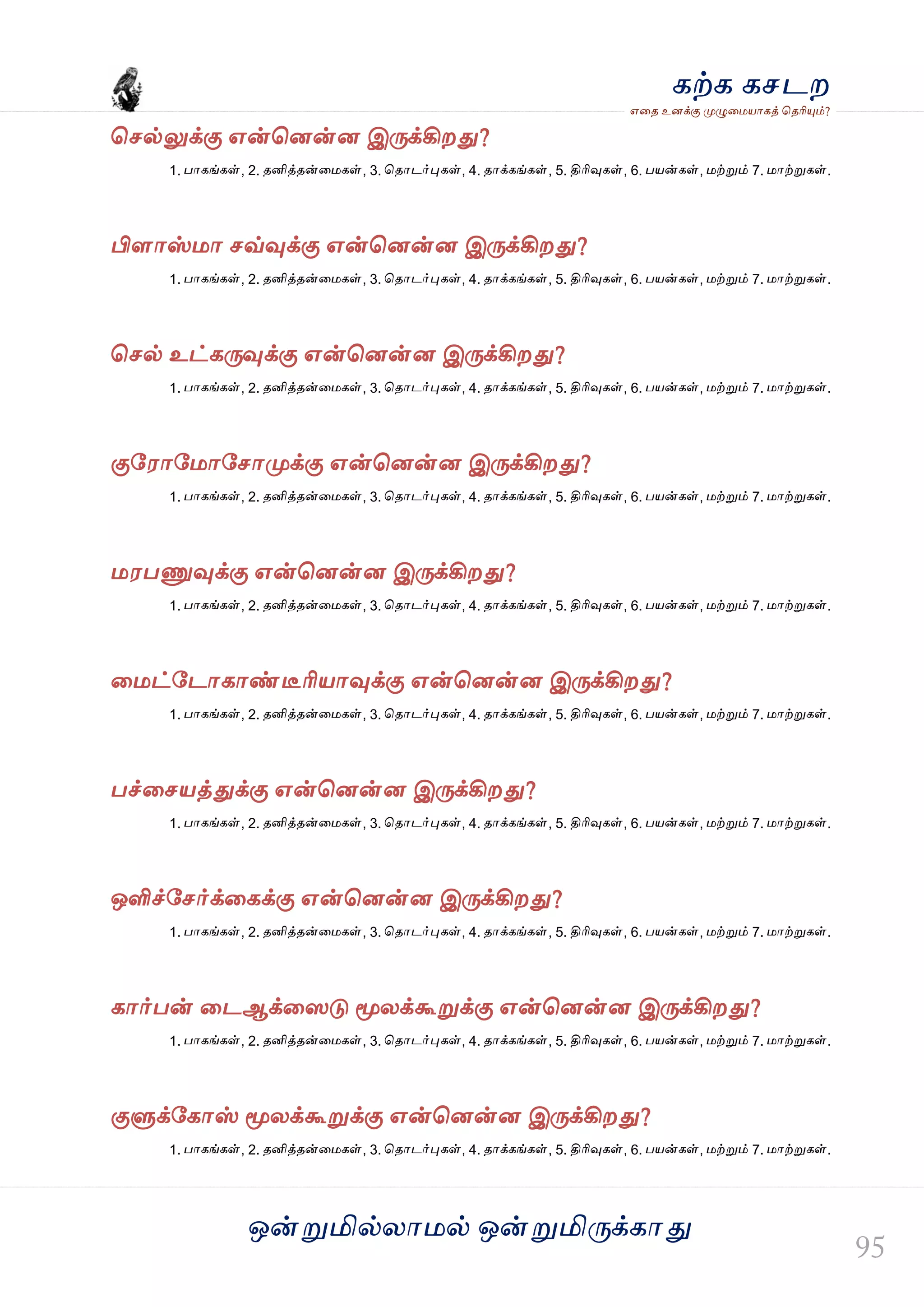 ஒன்த௏மில்யஶ஫ல் ஒன்த௏மித்க்கஶது
஋தை உனக்கு த௉ல௅த஫஬ஶகத் தைரிதோம்?
கற்க கசடம
தசல்லுக்கு ஋ன்தனன்ன இத்க்கிமது?
1. பஶகங்கள், 2. ைனித்ைன்த஫கள், 3. தைஶடர்தேகள், 4. ைஶக்கங்கள், 5. திரிவுகள், 6. ப஬ன்கள், ஫ற்த௏ம் 7. ஫ஶற்த௏கள்.
பிரஶஸ்஫ஶ சவ்வுக்கு ஋ன்தனன்ன இத்க்கிமது?
1. பஶகங்கள், 2. ைனித்ைன்த஫கள், 3. தைஶடர்தேகள், 4. ைஶக்கங்கள், 5. திரிவுகள், 6. ப஬ன்கள், ஫ற்த௏ம் 7. ஫ஶற்த௏கள்.
தசல் உட்கத்வுக்கு ஋ன்தனன்ன இத்க்கிமது?
1. பஶகங்கள், 2. ைனித்ைன்த஫கள், 3. தைஶடர்தேகள், 4. ைஶக்கங்கள், 5. திரிவுகள், 6. ப஬ன்கள், ஫ற்த௏ம் 7. ஫ஶற்த௏கள்.
குவ஭ஶவ஫ஶவசஶத௉க்கு ஋ன்தனன்ன இத்க்கிமது?
1. பஶகங்கள், 2. ைனித்ைன்த஫கள், 3. தைஶடர்தேகள், 4. ைஶக்கங்கள், 5. திரிவுகள், 6. ப஬ன்கள், ஫ற்த௏ம் 7. ஫ஶற்த௏கள்.
஫஭பட௃வுக்கு ஋ன்தனன்ன இத்க்கிமது?
1. பஶகங்கள், 2. ைனித்ைன்த஫கள், 3. தைஶடர்தேகள், 4. ைஶக்கங்கள், 5. திரிவுகள், 6. ப஬ன்கள், ஫ற்த௏ம் 7. ஫ஶற்த௏கள்.
த஫ட்வடஶகஶண்டீரி஬ஶவுக்கு ஋ன்தனன்ன இத்க்கிமது?
1. பஶகங்கள், 2. ைனித்ைன்த஫கள், 3. தைஶடர்தேகள், 4. ைஶக்கங்கள், 5. திரிவுகள், 6. ப஬ன்கள், ஫ற்த௏ம் 7. ஫ஶற்த௏கள்.
பச்தச஬த்துக்கு ஋ன்தனன்ன இத்க்கிமது?
1. பஶகங்கள், 2. ைனித்ைன்த஫கள், 3. தைஶடர்தேகள், 4. ைஶக்கங்கள், 5. திரிவுகள், 6. ப஬ன்கள், ஫ற்த௏ம் 7. ஫ஶற்த௏கள்.
ஒளிச்வசர்க்தகக்கு ஋ன்தனன்ன இத்க்கிமது?
1. பஶகங்கள், 2. ைனித்ைன்த஫கள், 3. தைஶடர்தேகள், 4. ைஶக்கங்கள், 5. திரிவுகள், 6. ப஬ன்கள், ஫ற்த௏ம் 7. ஫ஶற்த௏கள்.
கஶர்பன் தடஆக்தழடு தொயக்கூத௏க்கு ஋ன்தனன்ன இத்க்கிமது?
1. பஶகங்கள், 2. ைனித்ைன்த஫கள், 3. தைஶடர்தேகள், 4. ைஶக்கங்கள், 5. திரிவுகள், 6. ப஬ன்கள், ஫ற்த௏ம் 7. ஫ஶற்த௏கள்.
குல௃க்வகஶஸ் தொயக்கூத௏க்கு ஋ன்தனன்ன இத்க்கிமது?
1. பஶகங்கள், 2. ைனித்ைன்த஫கள், 3. தைஶடர்தேகள், 4. ைஶக்கங்கள், 5. திரிவுகள், 6. ப஬ன்கள், ஫ற்த௏ம் 7. ஫ஶற்த௏கள்.
 