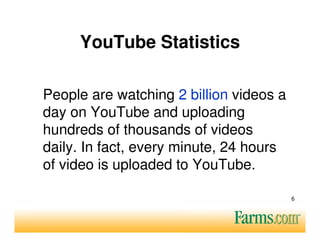 YouTube Statistics

People are watching 2 billion videos a
day on YouTube and uploading
hundreds of thousands of videos
daily. In fact, every minute, 24 hours
of video is uploaded to YouTube.

                                         6
 