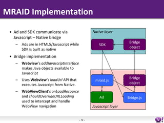 MRAID Implementation

 • Ad and SDK communicate via                        Native layer
   Javascript – Native bridge
    ...