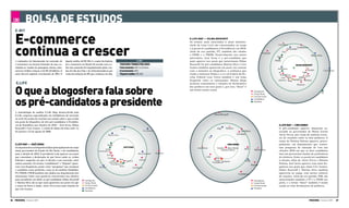 BOLSA DE ESTUDOS                                                                                                                                                        Só há um jeito de produzir eficácia digital: medindo, analisando e corrigindo

   E-BiT


   E-commerce                                                                                                                                                    E.LiFE mAp — DiLmA rOUSSEFF
                                                                                                                                                                 Os termos mais associados à atual ministra-




   continua a crescer
                                                                                                                                                                 chefe da Casa Civil são relacionados ao cargo                                           Lina Vieira
                                                                                                                                                                 e à possível candidatura à Presidência em 2010.                                                               Candidatura
                                                                                                                                                                                                                                                                      Governador
                                                                                                                                                                 Além de seu partido, PT, também são citados                                                  Civil
                                                                                                                                                                                                                                            Sucessão
                                                                                                                                                                 o PSDB e o PMDB. Possivelmente seu maior                                                                                     Marina Silva
                                                                                                                                                                                                                                                        PSDB
                                                                                                                                                                 adversário, José Serra é o pré-candidato que
   A estimativa de faturamento do mercado de           tíquete médio, de R$ 340, é o maior da história                          E-BiT                            mais aparece nos posts que mencionam Dilma                                            PMDB
   e-commerce no terceiro trimestre do ano, ex-        do e-commerce no Brasil. De acordo com a e-              TErcEirO TrimESTrE/2009:                         Rousseff. Os pré-candidatos Marina Silva e Ciro                                                              DiLmA rOUSSEFF
   cluindo-se vendas de passagens aéreas, auto-        bit, esse aumento foi impulsionado pelas ven-            Faturamento: R$ 2,6 bilhões                      Gomes também aparecem em posts em comum                                                José Serra
   móveis e leilões virtuais, é de R$ 2,6 bilhões. O   das do Dia dos Pais e de eletrodomésticos por            crescimento: 30%                                 com a ministra na blogosfera. A polêmica que                                                                        Senado                  Ciro Gomes
                                                                                                                                                                                                                                                         PT                    Casa
   setor deverá registrar crescimento de 30%. O        conta da redução do IPI, que continua em alta.           Tíquete médio: R$ 340                            ronda a ministra Dilma e a ex-secretária da Re-                                          Presidência
                                                                                                                                                                                                                                                                                   2010
                                                                                                                                                                 ceita Federal Lina Vieira também é um tema                                                Lula Disse      Político
                                                                                                                                                                 frequente entre os internautas. Muitos blogs                                            Governo Blog Campanha Ministra
    E.LiFE                                                                                                                                                       incluem comentários e citações de declarações



   O que a blogosfera fala sobre
                                                                                                                                                                                                                                                                               Eleitoral
                                                                                                                                                                 dos políticos em seus posts e, por isso, “disse” é
                                                                                                                                                                 um termo muito usual.
                                                                                                                                                                                                                                   Campanha
                                                                                                                                                                                                                                   Cargo Atual                                                           PV




   os pré-candidatos a presidente
                                                                                                                                                                                                                                   Comunicação
                                                                                                                                                                                                                                   Candidatos
                                                                                                                                                                                                                                   Partidos



   A metodologia de análise E.Life Map, desenvolvida pela
   E.Life, empresa especializada em inteligência de mercado                                                                                                                                Dilma Rousseff
   na web 2.0, acaba de concluir um estudo sobre o que se fala
   em posts da blogosfera de três pré-candidatos à Presidên-
   cia da República nas eleições de 2010 — José Serra, Dilma                                                                                                                                                                                              E.LiFE mAp — cirO gOmES
   Rousseff e Ciro Gomes. A coleta de dados foi feita entre 1o                                                   Aécio                                                                        PSB     Ministra                                            O pré-candidato aparece altamente as-
   de janeiro e 23 de agosto de 2009.                                                                                                   Ciro Gomes                                                                  Candidatos                            sociado ao governador de Minas Gerais
                                                                                                 Marina Silva
                                                                                                                                                                                                                 Candidato                                Aécio Neves, por conta de notícias recen-
                                                                                                                                                                                     PT                                                                   tes de reuniões entre os dois políticos. O
                                                                                                                                                                                                                                                          nome de Heloísa Helena aparece, princi-
   E.LiFE mAp — jOSé SErrA                                                                      PMDB                                                                                                    cirO gOmES                                        palmente, em depoimentos que comen-
   Os depoimentos na blogosfera falam principalmente do cargo                                                      jOSé SErrA                                           José Serra            Cenário   Aécio Neves                                       tam pesquisas de intenção de voto nas
                                                                                               PSDB                                                                                              Heloísa Helena         2010        Marina Silva
   atual, governador do Estado de São Paulo, e da candidatura                           Governador                                                                                                                                                        eleições 2010 em que os dois candidatos
   para a eleição de 2010. O presidente Lula aparece nos posts                                                                   Dilma Rousseff      Datafolha                                                                                            têm um percentual similar de preferência
                                                                                                2010
   que comentam a declaração de que Serra omite as verbas                                                                                                                       Lula                                                                      de eleitores. Entre os possíveis candidatos
                                                                                                 Eleição                                                                                     Blog
                                                                                                              Blog                 Disputa
   federais e naqueles em que se discute a sua sucessão, entre                                       Lula           Pesquisa                                                                Disse Pesquisa              PSDB                              à eleição, além de Aécio Neves e Heloísa
                                                                                                   São Paulo                                                                              Presidência
   outros assuntos. Os termos “candidatura” e “disputa” apare-                                       Presidente PT                                                                                                                                        Helena, José Serra aparece com mais fre-
                                                                                                                                                                                                                                 Disputa
   cem com frequência, assim como “pesquisas” que mostram                                                     DIsse                                                                                                                                       quência nos posts que citam Ciro Gomes.
                                                                                        Ministra                            Candidatura
   o candidato como preferido, como as do instituto Datafolha.                                                                                                                                                                                            Dilma Rousseff e Marina Silva também
   PT, PMDB e PSDB também são citados nos depoimentos dos                                                                                                                                                         Candidatura                             aparecem no mapa, com menor número
   internautas. Entre seus possíveis concorrentes nas eleições                                                                                                                                                                                            de citações. Além de seu partido, PSB, são
   para presidente em 2010, as pré-candidatas Dilma Rousseff              Campanha                                                                                                                                                 Campanha               mencionados também o PT e o PSDB nos
   e Marina Silva são as que mais aparecem nos posts em que               Cargo Atual                                                                                                                                              Cargo Atual            posts, e o termo “disse” também é muito
   o nome de Serra é citado. Aécio Neves tem mais citações do             Comunicação                                                                                                                                              Comunicação            usado ao citar declarações de políticos.
   que Ciro Gomes.                                                        Candidatos                                                                                                                                               Partidos
                                                                          Partidos



86 prOXXimA Outubro 2009                                                                                                                                                                                                                                                                     prOXXimA Outubro 2009        87
 