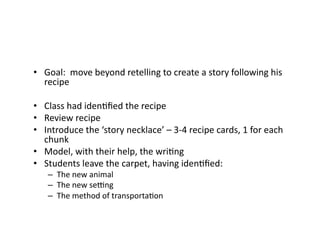 •  Goal:		move	beyond	retelling	to	create	a	story	following	his	
recipe	
•  Class	had	idenBﬁed	the	recipe	
•  Review	recipe	
•  Introduce	the	‘story	necklace’	–	3-4	recipe	cards,	1	for	each	
chunk	
•  Model,	with	their	help,	the	wriBng	
•  Students	leave	the	carpet,	having	idenBﬁed:	
–  The	new	animal	
–  The	new	se_ng	
–  The	method	of	transportaBon	
 