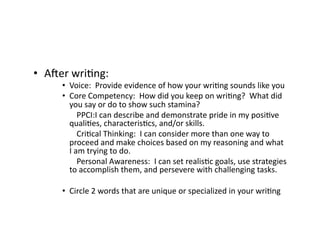 •  AMer	wriBng:	
•  Voice:		Provide	evidence	of	how	your	wriBng	sounds	like	you	
•  Core	Competency:		How	did	you	keep	on	wriBng?		What	did	
you	say	or	do	to	show	such	stamina?	
	 	PPCI:I	can	describe	and	demonstrate	pride	in	my	posiBve	
qualiBes,	characterisBcs,	and/or	skills.	
	 	CriBcal	Thinking:		I	can	consider	more	than	one	way	to	
proceed	and	make	choices	based	on	my	reasoning	and	what	
I	am	trying	to	do.	
	 	Personal	Awareness:		I	can	set	realisBc	goals,	use	strategies	
to	accomplish	them,	and	persevere	with	challenging	tasks.		
•  Circle	2	words	that	are	unique	or	specialized	in	your	wriBng	
 