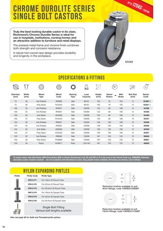 16 
chrome durolite series 
SINGLE bolt castors 
Diameter 
(mm) 
Width 
(mm) 
Wheel 
Type 
Specifications & Fittings 
Wheel 
Code 
Bearing 
Type 
Load 
Capacity 
Height 
(mm) 
Swivel 
Radius 
With 
Brake 
S5569 
Bolt Size 
(mm) 
Swivel 
Code 
75 30 Inst Rubber IR3008 Ball 80/45 105 76 105 12 S3380 # 
75 30 Poly Nylon PU3344 Ball 80/45 105 76 105 12 S3381 # 
100 32 Inst Rubber IR4007 Ball 100/80 133 90 106 12 S4386 
100 32 Inst Rubber IR4004 Ball 100/80 133 90 106 12 S4480 
100 32 Anti Static AS4005 Ball 100/80 135 90 106 12 S4469 
100 27 Poly Nylon PU4444 Ball 100/80 135 90 106 12 S4481 
125 32 Inst Rubber IR5007 Ball 100/80 159 102 106 12 S5386 
125 32 Inst Rubber IR5004 Ball 100/80 159 102 106 12 S5580 
125 32 Anti Static AS5005 Ball 100/80 159 102 106 12 S5569 
125 27 Poly Nylon PU5554 Ball 100/80 159 102 106 12 S5581 
150 32 Inst Rubber IR6009 Ball 100/80 187 125 125 12 S6680 
150 30 Poly Nylon PU6660 Ball 100/80 187 125 125 12 S6681 
150 30 Nylon NY6617 Plain 125/100 187 125 125 12 S6682 
To order castor with Red Brake (BR) Grey Brake (BG) or Green Directional Lock (D) add BR or D to the end of the Swivel Code e.g. S6682BR indicates 
red brake castor. Castors marked # are not available with Directional Locks. Grey plastic brake available. All brakes are Swivel, Lock & Brake. 
Pintle Pintle Code Pintle Type 
IPN12-P1 For 19mm ID Round Tube 
IPN12-P2 For 22mm ID Round Tube 
IPN12-P3 For 28.5mm ID Round Tube 
INP12-P4 For 19mm ID Square Tube 
IPN12-P5 For 22mm ID Square Tube 
IPN12-P6 For 28.5mm ID Square Tube 
Single Bolt Fitting 
Various bolt lengths available 
*Also see page 92 for Solid and Threaded pintle options 
12 5 KG / castor up to 
Truly the best looking durable castor in its class. 
Richmond’s Chrome Durolite Series is ideal for 
use in hospitals, institutions, nursing homes and 
an attractive addition to furniture and retail displays. 
The pressed metal frame and chrome finish combines 
both strength and corrosion resistance. 
A robust twin swivel race design provides durability 
and longevity in the workplace. 
nylon expanding pintles 
Reduction bushes available to suit 
8mm fittings, code 100RED12080BT 
Reduction bushes available to suit 
10mm fittings, code 100RED12100BT 
 