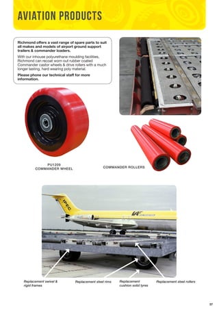37 
AVIATION PRODUCTs 
Richmond offers a vast range of spare parts to suit 
all makes and models of airport ground support 
trailers & commander loaders. 
With our inhouse polyurethane moulding facilities, 
Richmond can recoat worn out rubber coated 
Commander castor wheels & drive rollers with a much 
longer lasting, hard wearing poly material. 
Please phone our technical staff for more 
information. 
COMMANDER WHEEL COMMANDER ROLLERS 
Replacement Replacement steel rollers 
cushion solid tyres 
PU1209 
Replacement swivel & Replacement steel rims 
rigid frames 
 