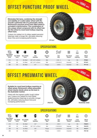 54 
100KG / wheel up to 
PUNCTURE 
PROOF 
WHEELS 
offset puncture proof WHEEL 
Eliminates flat tyres, combining the strength 
and stability of a solid rubber wheel with the 
smooth cushioned ride of a pneumatic wheel, 
Richmond’s puncture proof foam filled wheel is 
unrivaled in performance. The combination of 
this unique wheel compound with its offset hub 
fits this wheel to most hand trolleys requiring 
offset hubs. 
3 piece zinc plated rim & rubber sealed precision 
bearings mean a longer life, ultimately reducing 
down time and increasing performance. 
PF1047 
Specifications 
Nom Wheel 
Diameter 
(mm) 
Tyre Width 
(mm) 
Boss Width 
(mm) 
Axle 
Diameter 
Bearing 
Type 
215 55 60 offset 5/8”, 3/4” or 20mm Ball 2.50 - 4 Lug 100 PF8881 
260 80 54 offset 5/8”, 3/4” or 20mm Ball 4.10/3.50-4 Industrial 100 PF1047 
280 60 60 offset 3/4” Flange 2.50-6 Industrial 100 PF1124 
offset PNEUMATIC wheel 
PN1070 
Suitable for most hand trolleys requiring an 
offset wheel, Richmond’s offset pneumatic 
wheel clearly stands alone as the best in 
the Australian market. 
Fitted with the highest quality tough rubber 
tyre, 3 piece zinc plated rim and rubber 
sealed precision bearings to provide a longer 
life, ultimately reducing down time and 
increasing performance. 
Load 
Capacity 
Wheel 
Code 
180KG / wheel up to 
REVERSE VIEW 
Specifications 
Nom Wheel 
Diameter 
(mm) 
Tyre Width 
(mm) 
Boss Width 
(mm) 
Axle 
Diameter 
Bearing 
Type 
Tyre 
Size 
Tyre 
Size 
Tyre Tread 
Pattern 
Tyre Tread 
Pattern 
Load 
Capacity 
Wheel 
Code 
210 60 60 offset 3/4” Ball 2.50-4 Lug 100 PN8872 
260 85 54 offset 5/8”, 3/4” or 20mm Ball 4.10/3.50-4 Highway 180 PN1070 
260 85 54 offset 5/8” Flange 4.10/3.50-4 Industrial 180 PN1071 
280 60 60 offset 3/4” Flange 2.50-6 Industrial 150 PN1100 
 