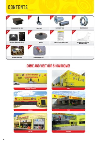 4 
CONTENTS 
92 93 94 
95 96 97 98 
99 100 
MELBOURNE - head office 
perth 
ADELAIDE 
SYDNEY 
BRISBANE 
AUCKLAND 
wheel & castor product guide rolling resistance & castor 
mounting options 
Come and visit our showrooms! 
CUSHION RUBBER WHEELS 
91 
ROUND & SQUARE TUBE ENDS PINTLE PARTS SLEEVES & TOP HATS BEARINGS & AXLES 
FORCE REQUIRED FOR MOVEMENT 
Elastic rubber 
Thermoplastic synthetic rubber 
Standard polyurethane 
Premium polyurethane 
Nylon 
Phenolic 
NOTE: Graph provides relative differences between wheel types assuming 150mm diameter wheels with precision ball bearings. 
Detailed advice can be given on request as many other factors need to be taken into account. 
BASE PLATE MOUNTS/STILLAGE FEET BUFFERS WHEEL & CASTOR PRODUCT GUIDE ROLLING RESISTENCE & CASTOR 
MOUNTING OPTIONS 
Cast Iron 
Load 
Force required for movement/resistance to rolling 
NOTE: Graph provides relative differences between wheel types assuming 150mm diameter wheels with 
precision ball bearings. Detailed advice can be given on request as many other factors need to be taken into 
account. 
RICHMOND ENGINEERING richmond pipe rollers 
 