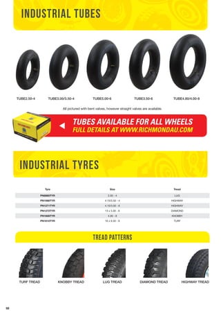58 
industrial TUBES 
TUBE2.50-4 TUBE3.00/3.50-4 TUBE5.00-6 TUBE3.50-6 TUBE4.80/4.00-8 
All pictured with bent valves, however straight valves are available. 
TUBES AVAILABLE FOR ALL WHEELS 
FULL DETAILS AT WWW.RICHMONDAU.COM 
industrial TYRES 
Tyre Size Tread 
PN8860TYR 2.50 - 4 LUG 
PN1066TYR 4.10/3.50 - 4 HIGHWAY 
PN1271TYR 4.10/3.50 - 6 HIGHWAY 
PN1272TYR 13 x 5.00 - 6 DIAMOND 
PN1608TYR 4.00 - 8 KNOBBY 
PN1610TYR 16 x 6.50 - 8 TURF 
tread patterns 
TURF TREAD KNOBBY TREAD LUG TREAD DIAMOND TREAD HIGHWAY TREAD 
 