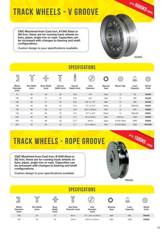 77 
track wheels - v groove 
VG459 
CNC Machined from Cast Iron, K1045 Steel or 
SG Iron, these are for running track wheels on 
bars, pipes, angle iron or rope. Capacities can 
be increased with changes to bearing and shaft 
configurations. 
Custom design to your specifications available. 
Specifications 
5000KG/ wheel up to 
track wheels - rope groove 
1500KG / wheel up to 
Wheel 
Diameter 
(mm) 
Rim Width 
(mm) 
Boss Width 
(mm) 
Groove 
Width (mm) 
Groove 
Depth (mm) 
Axle 
Diameter 
Bearing 
Type 
Wheel Type Load 
Capacity 
Wheel 
Code 
75 32 38 22 10.8 1/2” Plain Ci 65 VG360 
100 36 41 22 10.8 3/4” Plain Ci 280 VG459 
100 36 41 22 10.8 3/8” or 1/2” Ball Ci 280 VG459 
100 50 60 22 12.0 1/2” or 3/4” Roller Ci 300/250 VG461 
150 38 60 22 10.8 5/8” or 20mm Ball Ci 650 VG609 
150 50 60 22 12.0 1/2” or 3/4” Roller Ci 450/400 VG661 
200 52 60 30 14.7 20 or 25mm Ball SG Iron 1300 VG839 
200 75 96 30 14.7 40mm Taper K1045 Steel 5000 VG836 
250 52 60 30 14.7 25 or 30mm Ball K1045 Steel 1800 VG1059 
RG458 
CNC Machined from Cast Iron, K1045 Steel or 
SG Iron, these are for running track wheels on 
bars, pipes, angle iron or rope. Capacities can 
be increased with changes to bearing and shaft 
configurations. 
Custom design to your specifications available. 
Wheel 
Diameter 
(mm) 
Rim Width 
(mm) 
Boss 
Width 
(mm) 
Specifications 
Suit Rope 
Diameter (mm) 
Axle 
Diameter 
(mm) 
Bearing 
Type 
Load 
Capacity 
Wheel 
Code 
100 25 27 8mm 1/2”, 5/8” or 20mm Ball 500 RG458 
150 32 34 12mm 20mm or 25mm Ball 1500 RG658 
 