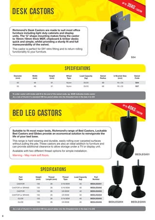 6 
DESK castors 
Richmond’s Desk Castors are made to suit most office 
furniture including light duty cabinets and display 
units. The ‘U’ shape mounting makes fixing the castor 
to 16mm-19mm thick MDF, chipboard & timber desks 
quick and simple, whilst providing a sturdy fit and full 
maneuverability of the swivel. 
This castor is perfect for DIY retro fitting and to return rolling 
functionality to your furniture. 
bed leg castors 
Specifications 
Suitable to fit most major beds, Richmond’s range of Bed Castors, Lockable 
Bed Castors and Glides provide an economical solution to reinvigorate the 
life of your bed base. 
This range is hard wearing and durable, easily rolling over carpeted surfaces 
without pulling the pile. These castors are also an ideal addition to furniture and 
can provide additional clearance to allow storage under a TV or display unit. 
Available with two different thread options for simple installation. 
Warning - May mark soft floors. 
Part 
Type 
Height 
(mm) 
Thread 
Length (mm) 
Thread 
Type 
Load Capacity 
(kg) 
Part 
Number 
CASTOR 135 28 5/16 BSW 40 BEDLEG001 
CASTOR w/ BRAKE 135 28 5/16 BSW 40 BEDLEG002 
CASTOR 135 28 3/8 BSW 40 BEDLEG003 
CASTOR w/ BRAKE 135 28 3/8 BSW 40 BEDLEG004 
GLIDE 135 28 5/16 BSW 40 BEDLEG005 
GLIDE 135 28 3/8 BSW 40 BEDLEG006 
BEDLEG004 
S54 
BEDLEG001 
BEDLEG005 
Specifications 
35KG / castor up to 
40KG / castor up to 
Diameter 
(mm) 
Width 
(mm) 
Height 
(mm) 
Wheel 
Type 
Load Capacity 
(kg) 
Swivel 
Radius 
U Bracket Size 
(mm) 
Swivel 
Code 
50 46 61 Nylon 35/20 68 16 x 35 S54 
50 46 61 Nylon 35/20 68 19 x 35 S57 
To order castor with brake add B to the end of the swivel code, eg. S54B indicates brake castor 
As a rule of thumb if a standard HB hex pencil slides into the threaded hole in the bed, it is 3/8 
As a rule of thumb if a standard HB hex pencil slides into the threaded hole in the bed, it is 3/8. 
 