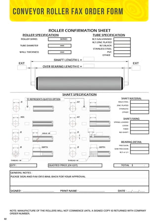 82 
CONVEYOR ROLLER FAX ORDER FORM 
NOTE: MANUFACTURE OF THE ROLLERS WILL NOT COMMENCE UNTIL A SIGNED COPY IS RETURNED WITH COMPANY 
ORDER NUMBER. 
 