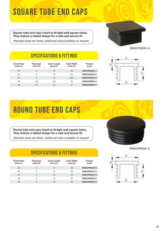 C 
C 
5 4 square NEXT ASSY USED ON 
NEXT ASSY USED ON 
91 
Specifications & Fittings 
Round tube end caps 
A 
B 
D 
A 
C 
B 
D 
APPLICATION 
PROPRIETARY AND CONFIDENTIAL 
THE INFORMATION CONTAINED IN THIS 
DRAWING IS THE SOLE PROPERTY OF 
Richmond Wheel & Castor Co. ANY 
REPRODUCTION IN PART OR AS A WHOLE 
WITHOUT THE WRITTEN PERMISSION OF 
Richmond Wheel & Castor Co. IS 
PROHIBITED. 
5 4 B 
A 
D 
A 
C 
B 
D 
APPLICATION 
PROPRIETARY AND CONFIDENTIAL 
THE INFORMATION CONTAINED IN THIS 
DRAWING IS THE SOLE PROPERTY OF 
Richmond Wheel & Castor Co. ANY 
REPRODUCTION IN PART OR AS A WHOLE 
WITHOUT THE WRITTEN PERMISSION OF 
Richmond Wheel & Castor Co. IS 
PROHIBITED. 
tube end caps 
Square tube end caps insert to fit light wall square tubes. 
They feature a ribbed design for a safe and secure fit. 
Standard sizes are listed, additional sizes available on request. 
Overall Size 
(mm) (A) 
Thickness 
(mm) (B) 
Insert Length 
(mm) (C) 
Insert Width 
(mm) (D) 
Product 
Code 
22 4 12 20 ENDCPSQ221.6 
25 3 12 24 ENDCPSQ251.6 
31 3 12 29.6 ENDCPSQ321.6 
38 2.9 15.5 35 ENDCPSQ381.6 
50 3.5 24 47 ENDCPSQ501.6 
Overall Size 
(mm) (A) 
Specifications & Fittings 
Thickness 
(mm) (B) 
Insert Length 
(mm) (C) 
Insert Width 
(mm) (D) 
Product 
Code 
22 4 12 20 ENDCPRD221.6 
25 4 12 23 ENDCPRD251.6 
32 4 12 29 ENDCPRD321.6 
38 3 12 35 ENDCPRD381.6 
50 5 19 49 ENDCPRD501.6 
ENDCPSQ381.6 
ENDCPRD381.6 
Round tube end caps insert to fit light wall square tubes. 
They feature a ribbed design for a safe and secure fit. 
Standard sizes are listed, additional sizes available on request. 
 