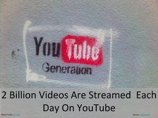 2 Billion Videos Are Streamed Each
Day On YouTubePhoto Credit: jonsson Source: Techcrunch
 