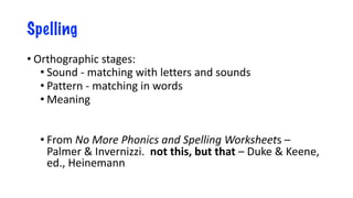 Spelling
• Orthographic stages:
• Sound - matching with letters and sounds
• Pattern - matching in words
• Meaning
• From No More Phonics and Spelling Worksheets –
Palmer & Invernizzi. not this, but that – Duke & Keene,
ed., Heinemann
 