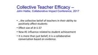 Collective Teacher Efficacy –
John Hattie, Collaborative Impact Conference, 2017
• …the collective belief of teachers in their ability to
positively affect students
• Effect size of d=1.57
• New #1 influence related to student achievement
• It is more than just belief; it is a collaborative
conversation based on evidence.
 