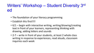 Writers’ Workshop – Student Diversity 3rd
ed
• The foundation of your literacy programming
• Establish this first!!!!
• K/1 – begin with interactive writing, writing/drawing/creating
text in front of your learners, representing thinking with
drawing, adding letters and sounds
• 2-7 – write in front of your students, at least 2 whole class
writing in response to experiences, read alouds, classroom
inquiries each week
 