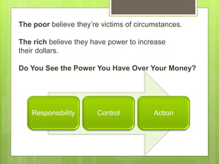 The poor believe they’re victims of circumstances.
The rich believe they have power to increase
their dollars.
Do You See the Power You Have Over Your Money?
Responsibility Control Action
 