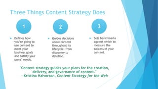 Three Things Content Strategy Does
 Defines how
you’re going to
use content to
meet your
business goals
and satisfy your
users’ needs.
 Guides decisions
about content
throughout its
lifecycle, from
discovery to
deletion.
 Sets benchmarks
against which to
measure the
success of your
content.
1 2 3
"Content strategy guides your plans for the creation,
delivery, and governance of content."
- Kristina Halvorson, Content Strategy for the Web
 