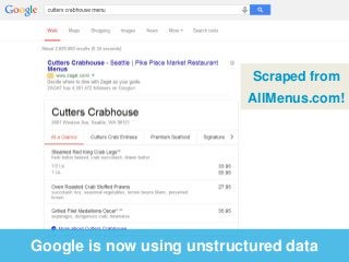 Scraped from 
AllMenus.com! 
Google is now using unstructured data 
 