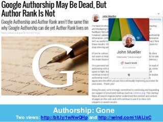 Authorship: Gone 
Two views: http://bit.ly/1wNwQHp and http://selnd.com/1lALixC 
 
