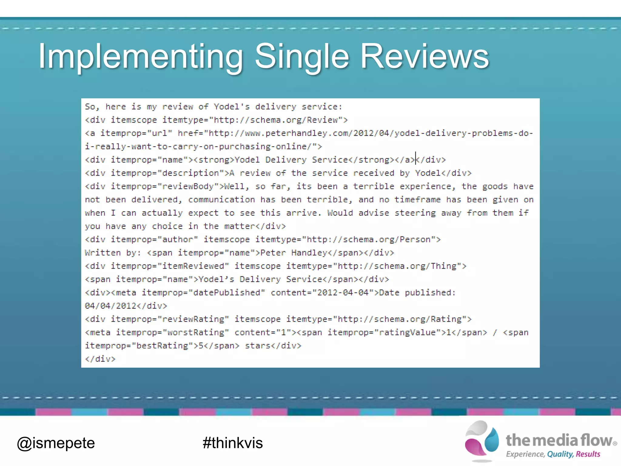 Implementing Single Reviews




@ismepete   #thinkvis
 