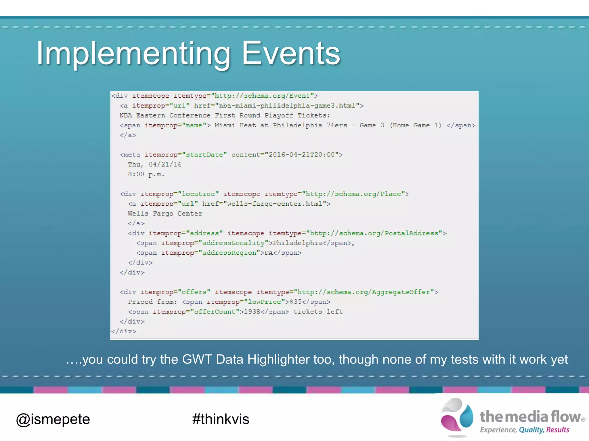 Implementing Events




      ….you could try the GWT Data Highlighter too, though none of my tests with it work yet



@ismepete                  #thinkvis
 