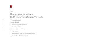 Fees
Our fees are as follows:
$55,000 - Internal Training Campaign / This includes:
Process Mapped
Role Defined 
Keyword List and Definitions 
Orientation Video 
8 Training Videos in Sequence 
FAQ Guide 
10 Knowledge Drills (15-second drill videos) 
Qual Debug Checklist for Role
richter10point2.com
10
 