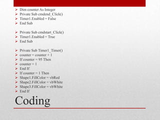    Dim counter As Integer
   Private Sub cmdend_Click()
   Timer1.Enabled = False
   End Sub

 Private Sub cmdstart_Click()
 Timer1.Enabled = True
 End Sub

   Private Sub Timer1_Timer()
   counter = counter + 1
   If counter = 95 Then
   counter = 1
   End If
   If counter = 1 Then
   Shape1.FillColor = vbRed
   Shape2.FillColor = vbWhite
   Shape3.FillColor = vbWhite
   End If


Coding
 
