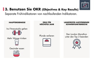 3. Benutzen Sie OKR (Objectives & Key Results)
Separate Frühindikatoren von nachlaufenden Indikatoren.
HAUPTERGEBNISSE ZIELE FÜR
NÄCHSTES JAHR
LANGFRISTIG AUFSTREBENDE
SCHWERPUNKTBEREICHE
Ins Fitnessstudio gehen
Mehr Wasser trinken
Gesünder essen
Pfunde verlieren
Den London Marathon
unter den Top 3 beenden
 