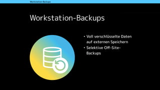 Workstation-Backups
• Voll verschlüsselte Daten
auf externen Speichern
• Selektive Oﬀ-Site-
Backups
Wahl der DistributionWorkstation-Backups
 