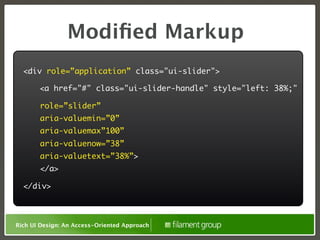 Modiﬁed Markup
  <div role=”application” class="ui-slider">

  	    <a href="#" class="ui-slider-handle" style="left: 38%;"

       role=”slider”
       aria-valuemin=”0”
       aria-valuemax”100”
       aria-valuenow=”38”
       aria-valuetext=”38%”>
       </a>

  </div>



Rich UI Design: An Access-Oriented Approach
 