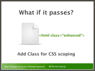 What if it passes?


                                    <html class=”enhanced”>




             Add Class for CSS scoping

Rich UI Design: An Access-Oriented Approach
 