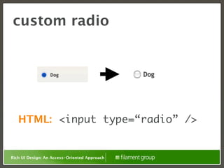 custom radio




   HTML: <input type=“radio” />


Rich UI Design: An Access-Oriented Approach
 