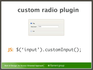 custom radio plugin




   JS: $(‘input’).customInput();


Rich UI Design: An Access-Oriented Approach
 