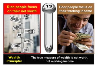 Rich people focus on their net worth 
Poor people focus on their working income 
Wealth 
Principle: 
The true measure of wealth is net worth, 
not working income  