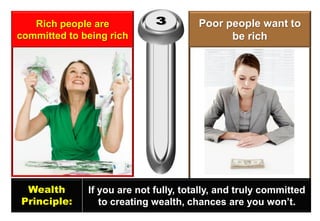 Rich people are committed to being rich 
Poor people want to be rich 
Wealth 
Principle: 
If you are not fully, totally, and truly committed 
to creating wealth, chances are you won’t.  