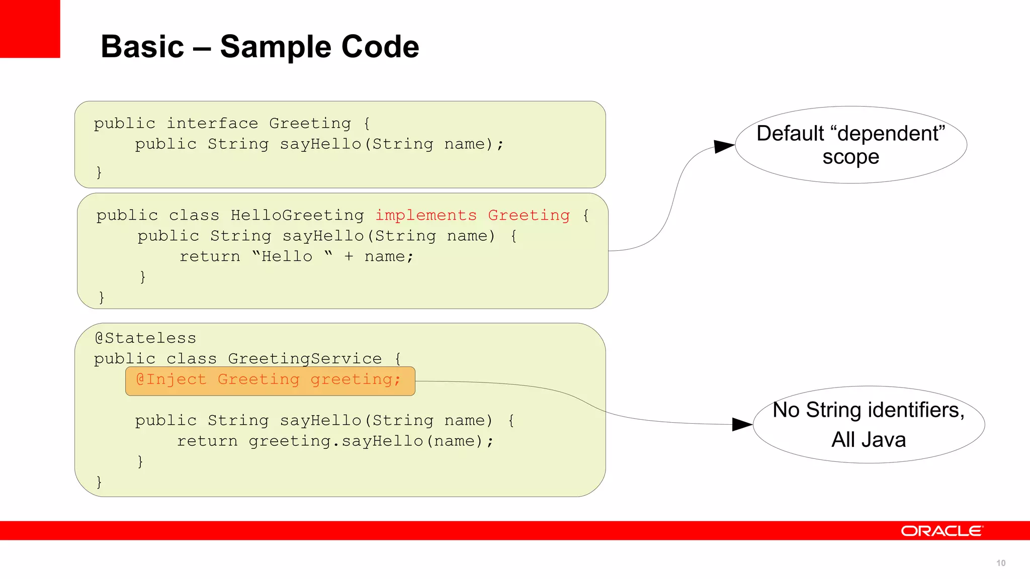 Basic – Sample Code

public interface Greeting {
    public String sayHello(String name);           Default “dependent”
                                                          scope
}

public class HelloGreeting implements Greeting {
    public String sayHello(String name) {
        return “Hello “ + name;
    }
}

@Stateless
public class GreetingService {
    @Inject Greeting greeting;

    public String sayHello(String name) {           No String identifiers,
        return greeting.sayHello(name);                   All Java
    }
}



                                                                             10
 