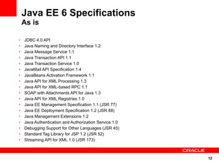 Java EE 6 Specifications
    As is

•   JDBC 4.0 API
•   Java Naming and Directory Interface 1.2
•   Java Message Service 1.1
•   Java Transaction API 1.1
•   Java Transaction Service 1.0
•   JavaMail API Specification 1.4
•   JavaBeans Activation Framework 1.1
•   Java API for XML Processing 1.3
•   Java API for XML-based RPC 1.1
•   SOAP with Attachments API for Java 1.3
•   Java API for XML Registries 1.0
•   Java EE Management Specification 1.1 (JSR 77)
•   Java EE Deployment Specification 1.2 (JSR 88)
•   Java Management Extensions 1.2
•   Java Authentication and Authorization Service 1.0
•   Debugging Support for Other Languages (JSR 45)
•   Standard Tag Library for JSP 1.2 (JSR 52)
•   Streaming API for XML 1.0 (JSR 173)



                                                        12
 